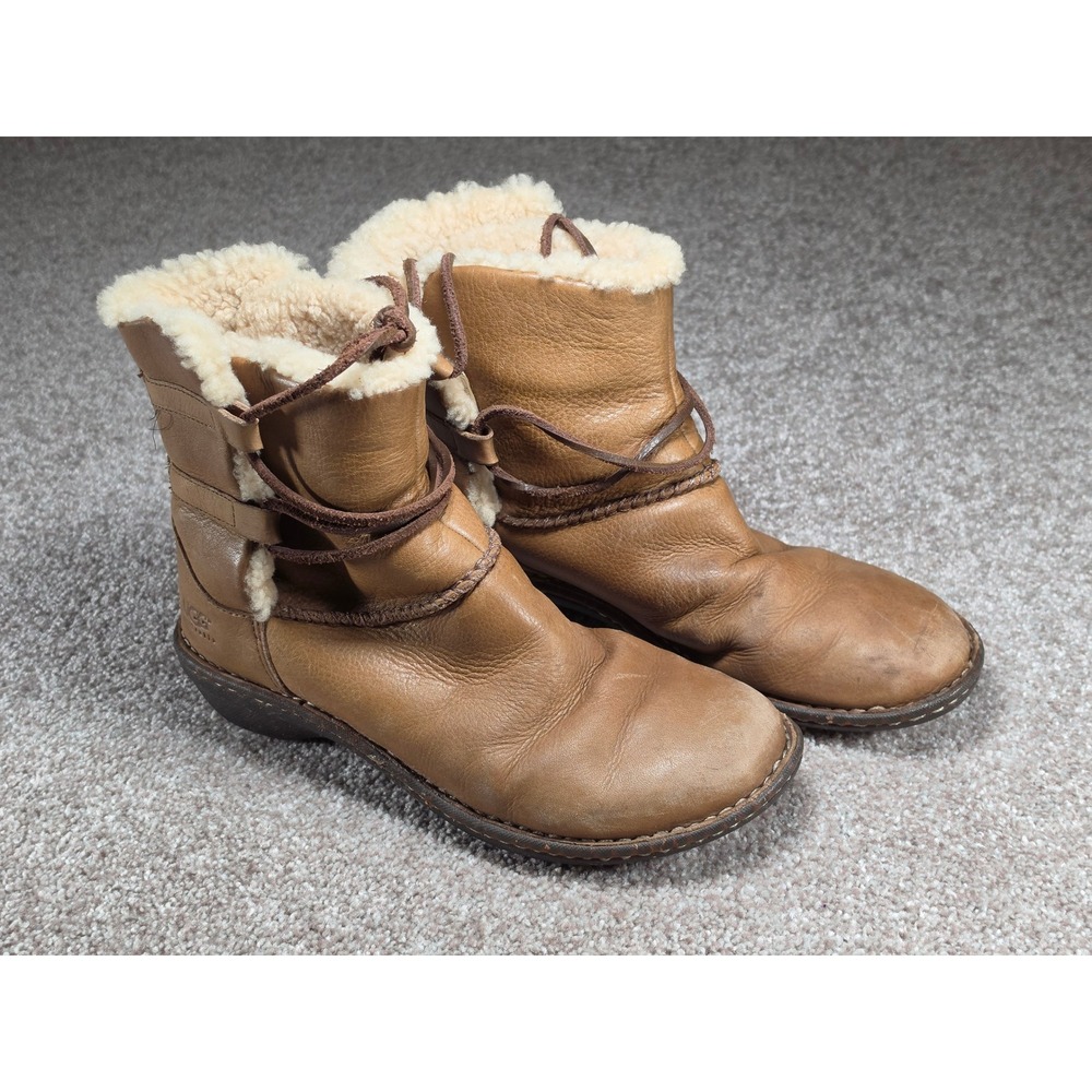 UGG Australia Kenly Tan Leather Shearling Lace Up Boots Womens 9